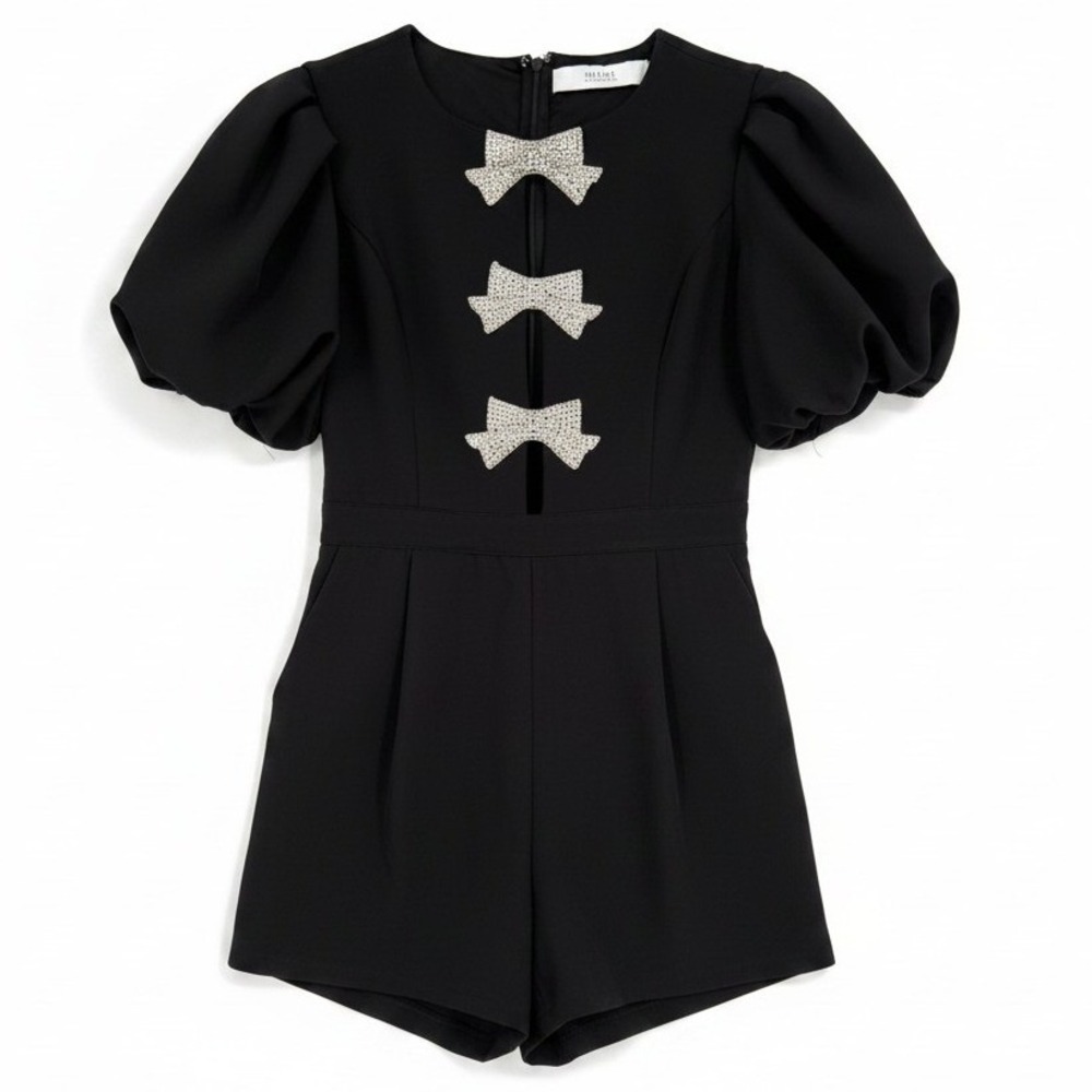 EB Luxe Los Angeles Romper Black Puff Sleeve Rhinestone Bow Cutout Pocket Large